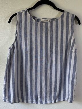 Beach Lunch Lounge Sleeveless Blue & White Striped Linen Blend Top, Open Back